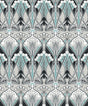 Dragonfly Damask wallpaper in ebony and aqua with an Art Nouveau style damask motif and matte finish