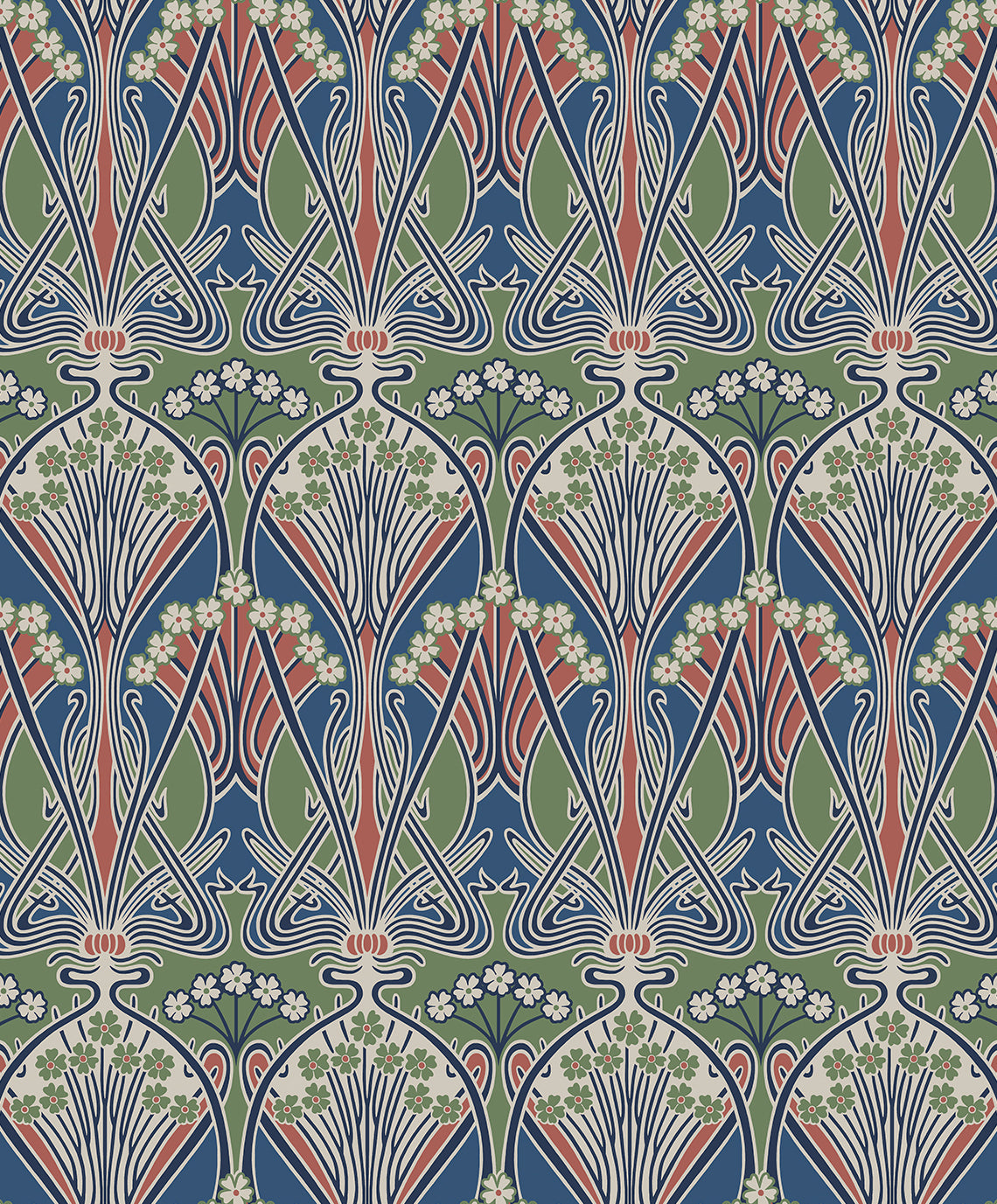 Dragonfly Damask wallpaper pattern in mauve, sage green, and deep blue with vintage damask styling
