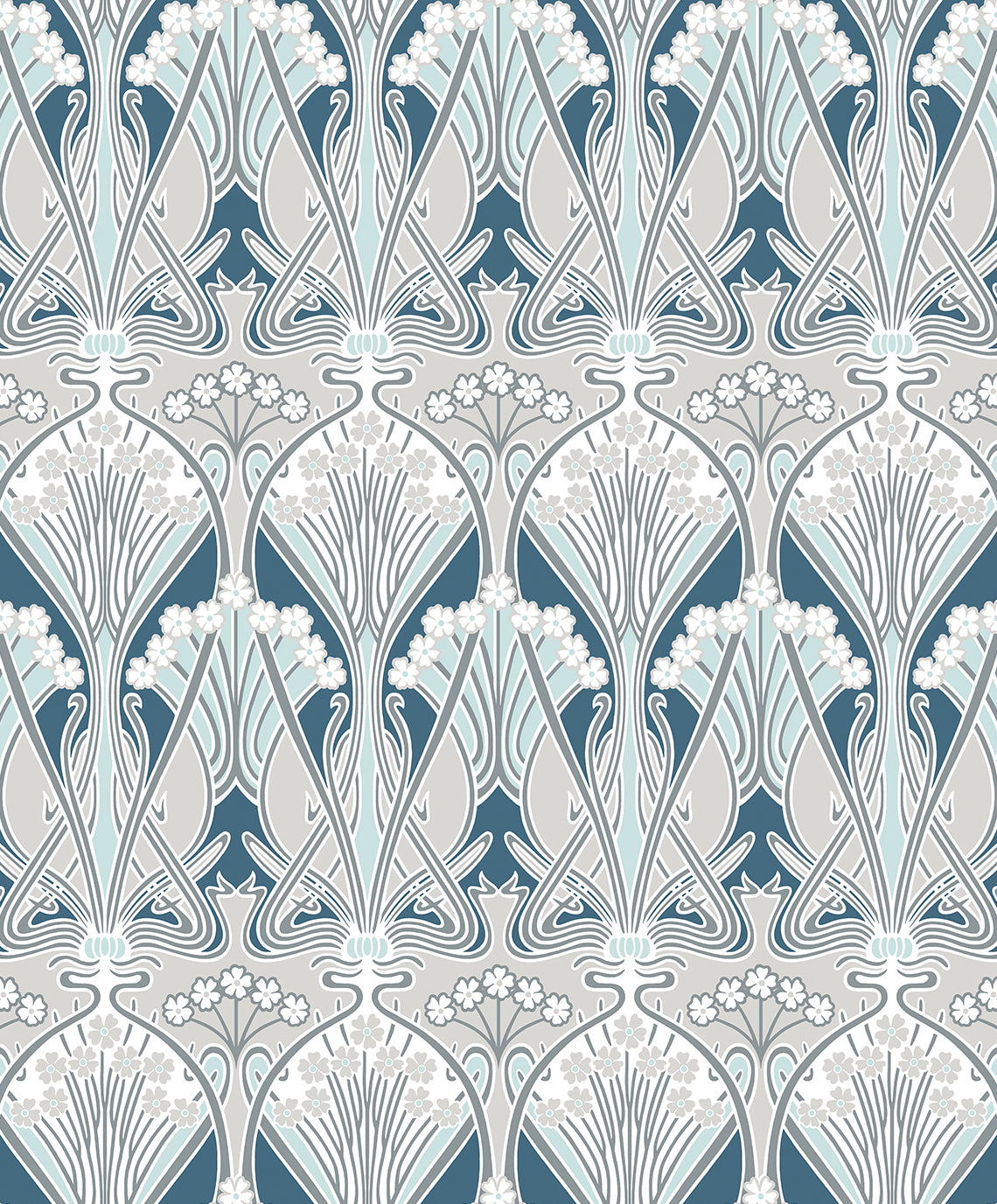 Dragonfly Damask wallpaper in Aegean blue and dewdrop with a vintage damask motif