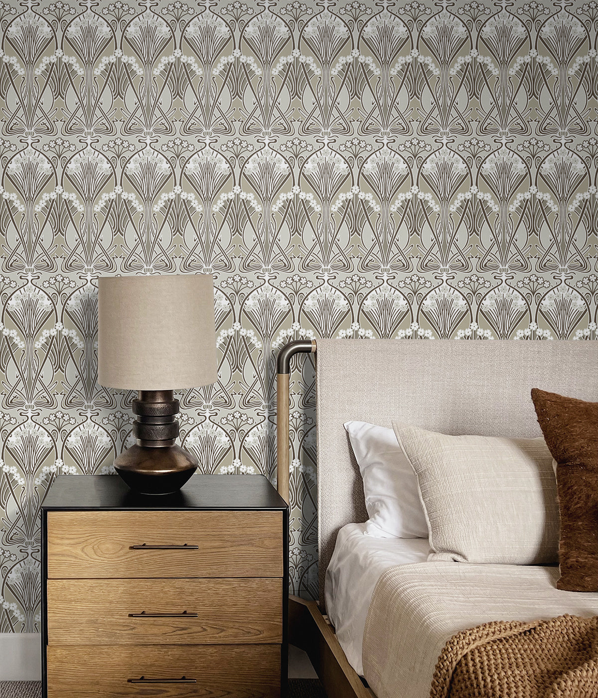 Dragonfly Damask Warm Pewter by Legacy Prints Damask Wallpaper – Etten Studios ET12416