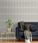 Dragonfly Damask Soft Taupe & Blue Mist by Legacy Prints Vintage Damask Wallpaper – Etten Studios ET12424