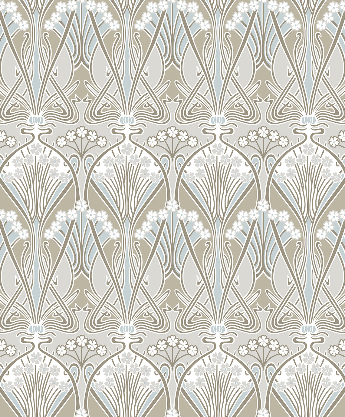 Dragonfly Damask wallpaper pattern in soft taupe and blue mist