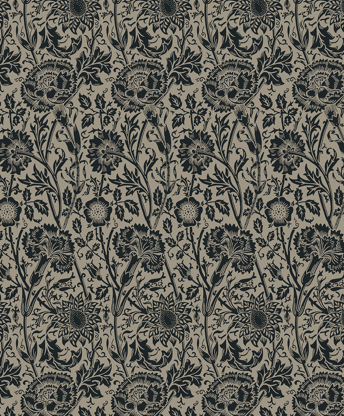 Tonal Floral Trail wallpaper pattern in taupe and ebony with vintage floral trail design