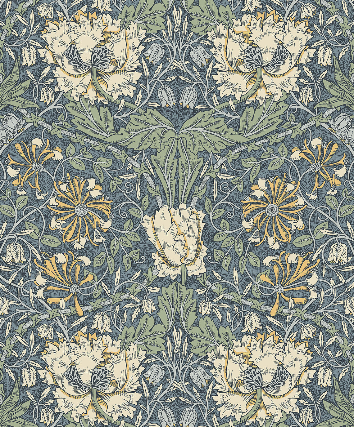 Vintage ogee floral wallpaper in Blue Lake and French Vanilla with dense botanical vines and large blooms.