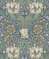 Vintage ogee floral wallpaper in Blue Lake and French Vanilla with dense botanical vines and large blooms.