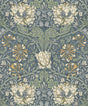 Vintage ogee floral wallpaper in Blue Lake and French Vanilla with dense botanical vines and large blooms.