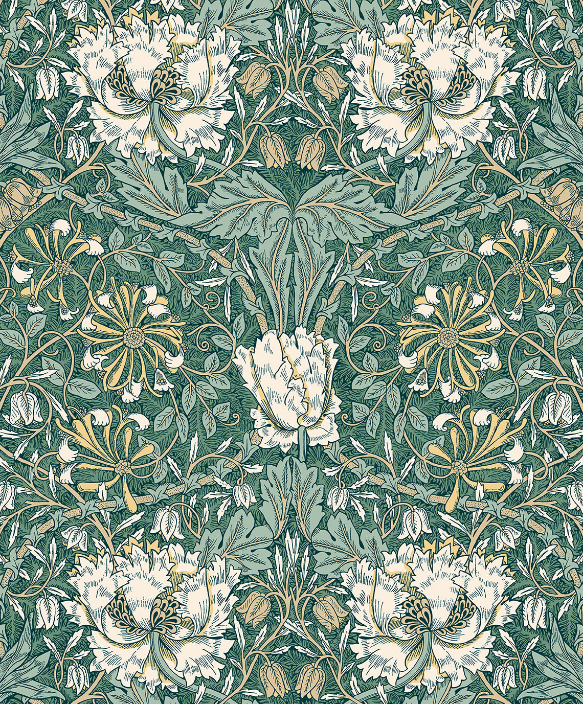 Ogee Flora wallpaper in Everglades & Buttercup with vintage ogee floral pattern in greens, cream, and yellow.