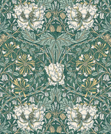 Ogee Flora wallpaper in Everglades & Buttercup with vintage ogee floral pattern in greens, cream, and yellow.