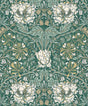 Ogee Flora wallpaper in Everglades & Buttercup with vintage ogee floral pattern in greens, cream, and yellow.