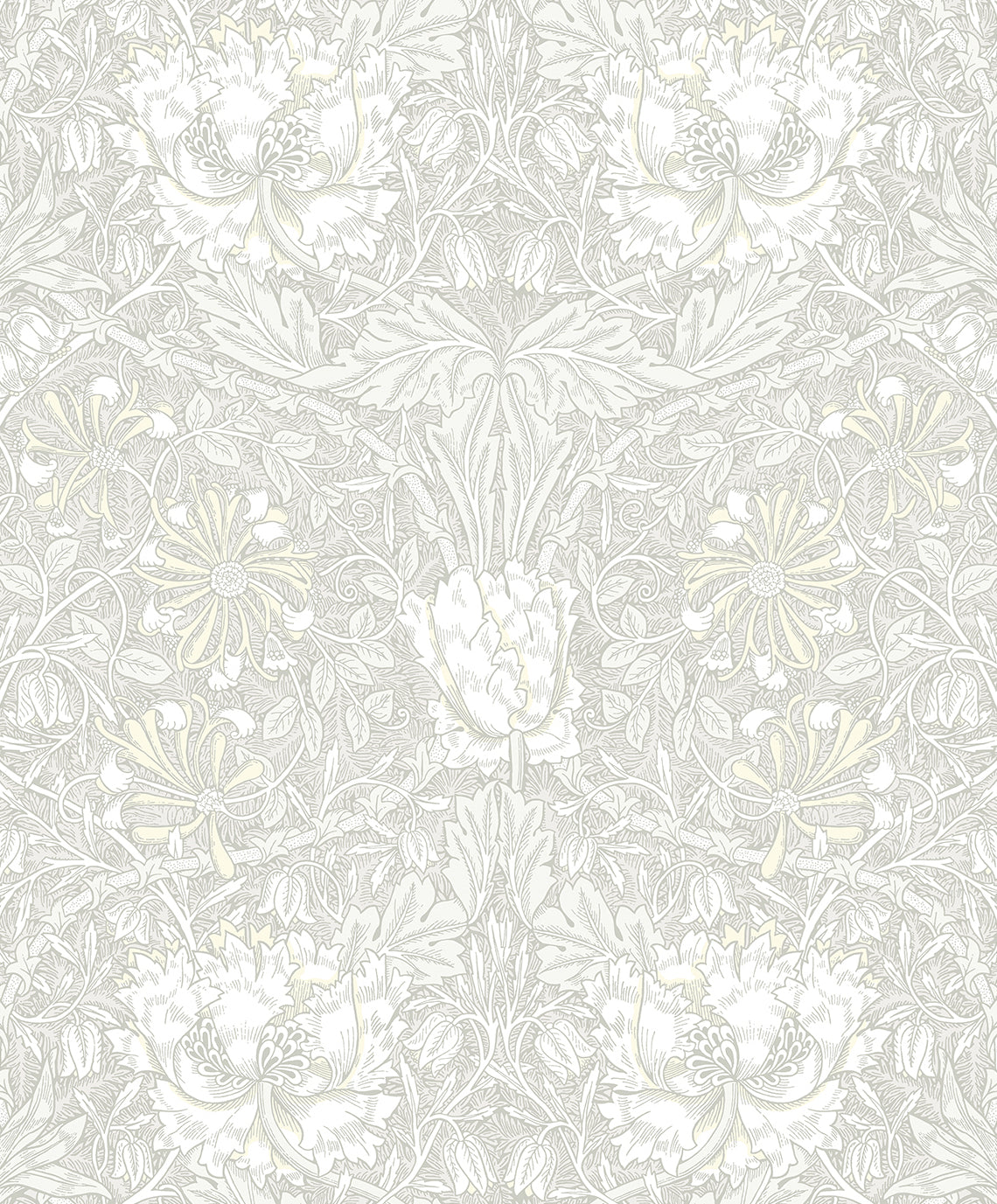 Ogee Flora wallpaper in Swiss Coffee and Light Grey vintage floral pattern