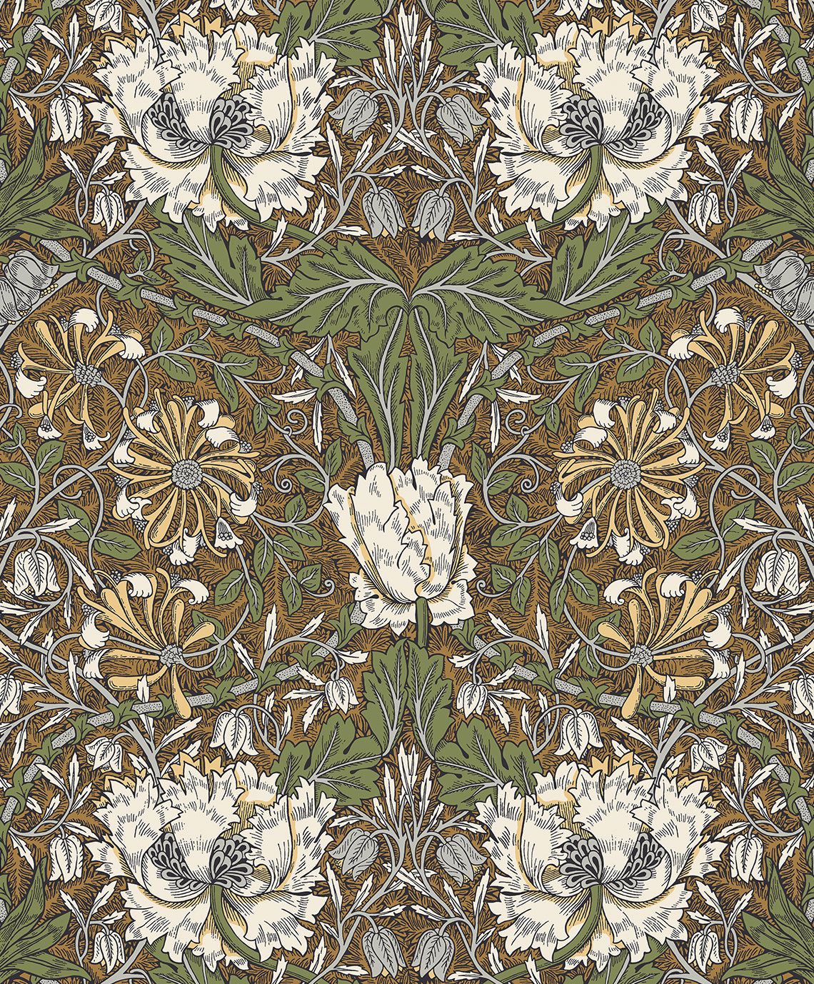 Ogee Flora Dijon & Sage vintage ogee floral wallpaper pattern by Etten Studios