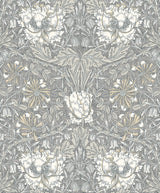 Ogee Flora wallpaper in Stone Grey & Desert Sand featuring an ornate vintage floral vine pattern.