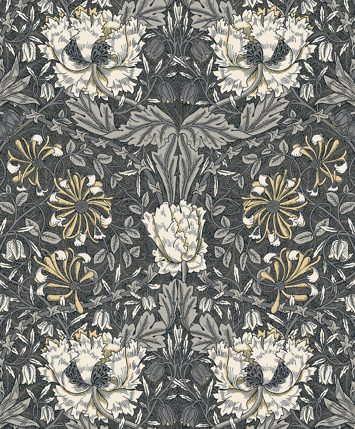 Ogee Flora charcoal and goldenrod vintage floral wallpaper with ogee layout