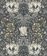 Ogee Flora charcoal and goldenrod vintage floral wallpaper with ogee layout