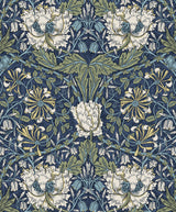 Vintage ogee floral wallpaper in indigo blue with cream flowers and green foliage