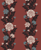 Blooming Stripe wallpaper in Pale Carmine & Aqua with vertical floral stripes and matte finish