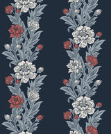 Blooming Stripe wallpaper in deep navy with berry, cream, and gray floral stripe columns