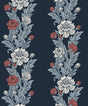 Blooming Stripe wallpaper in deep navy with berry, cream, and gray floral stripe columns