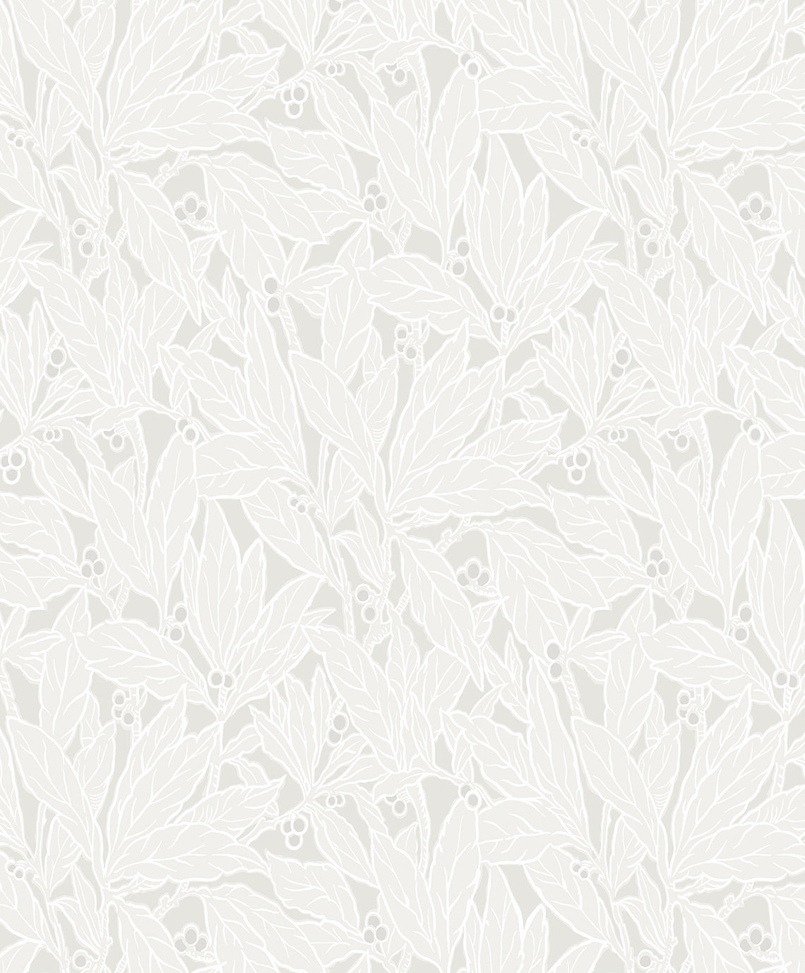Leaf and Berry botanical wallpaper in dove with metallic pearl accents