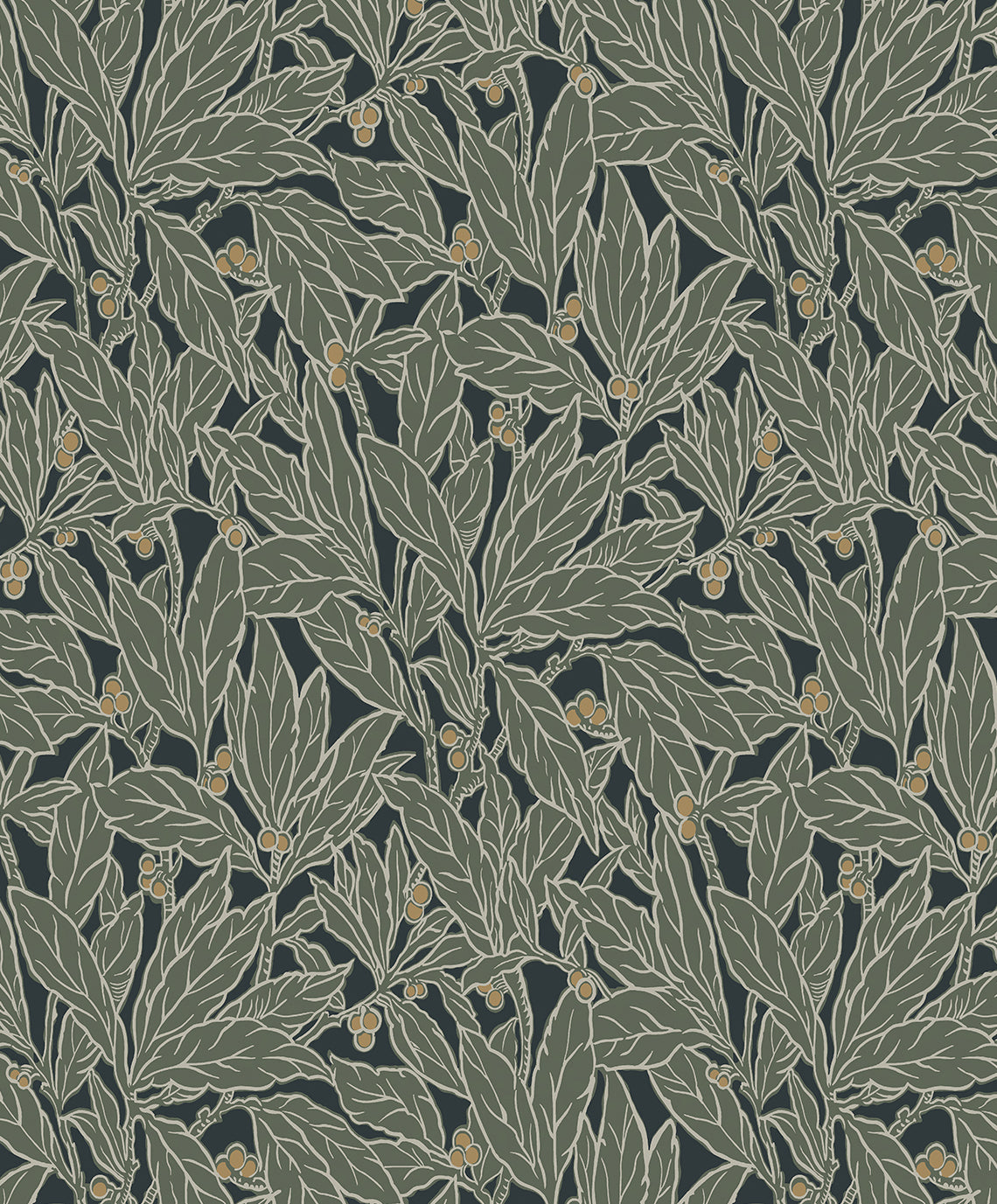 Leaf and Berry wallpaper in Rosemary green with vintage botanical leaves and berries pattern