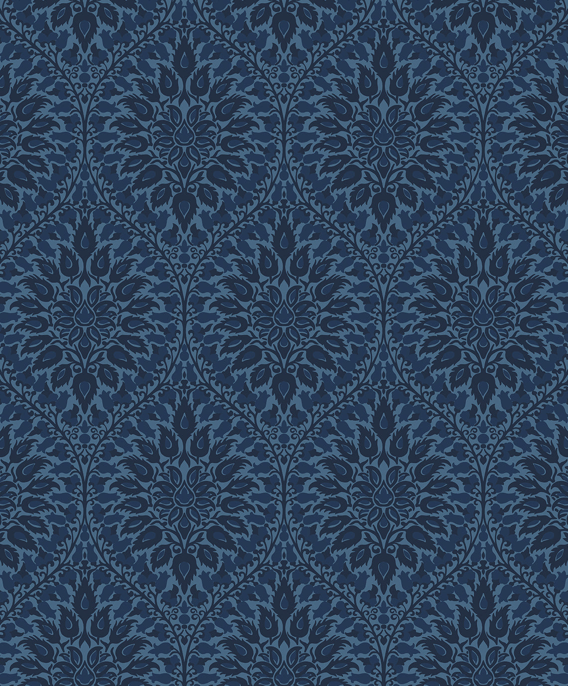 Denim blue vintage ogee wallpaper pattern (Luna Ogee) by Etten Studios, SKU ET12912.
