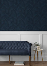 Gulf Tropical Leaves Navy Blue by Etten Studios Tropical Palm Leaf Wallpaper – Etten Studios ET13002
