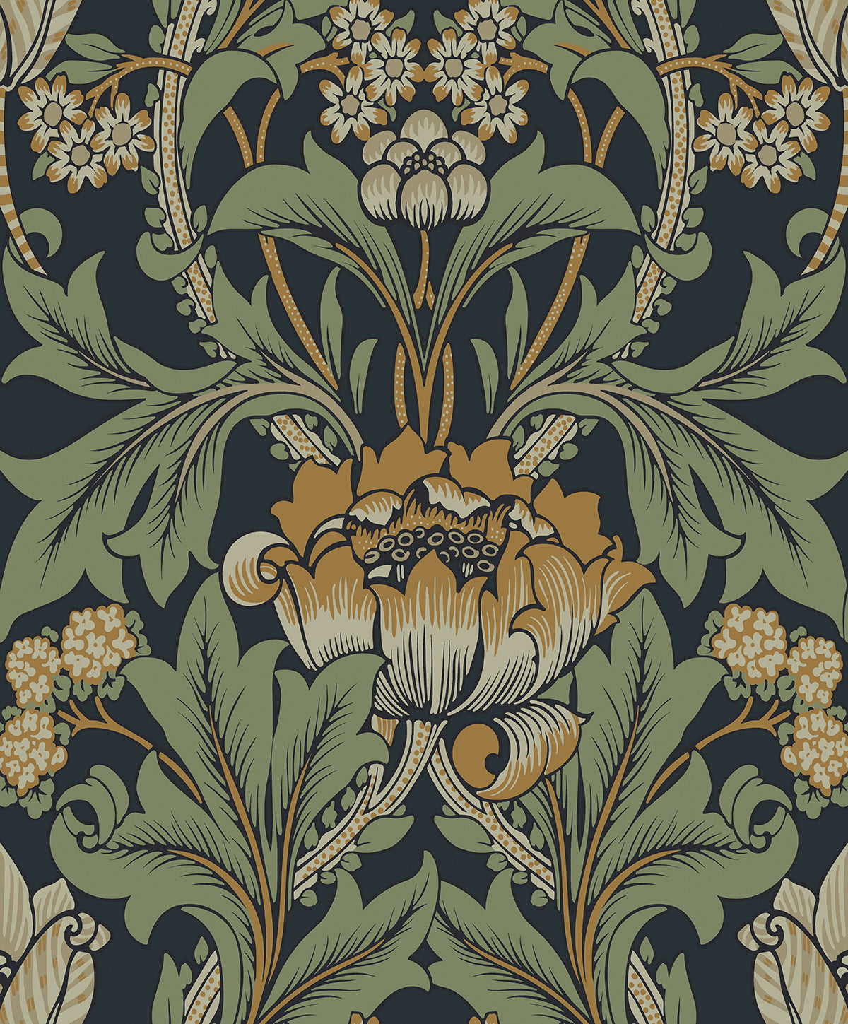 Primrose Garden vintage floral wallpaper in midnight blue and goldenrod