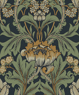 Primrose Garden vintage floral wallpaper in midnight blue and goldenrod