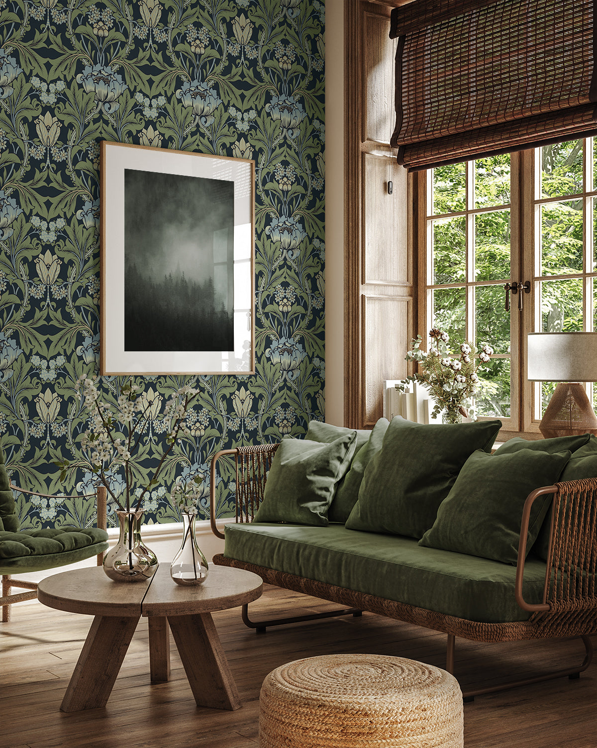 Primrose Garden Midnight Blue & Sage by Etten Studios Online Vintage Floral Wallpaper – Etten Studios ET13112