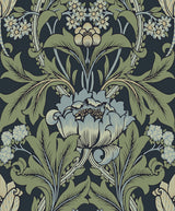 Primrose Garden wallpaper in midnight blue and sage with a vintage floral motif (matte finish).