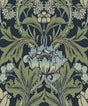 Primrose Garden wallpaper in midnight blue and sage with a vintage floral motif (matte finish).