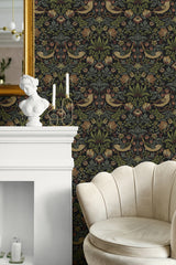 Strawberry Meadow Black by Etten Studios Online Botanical Bird Wallpaper – Etten Studios ET13401