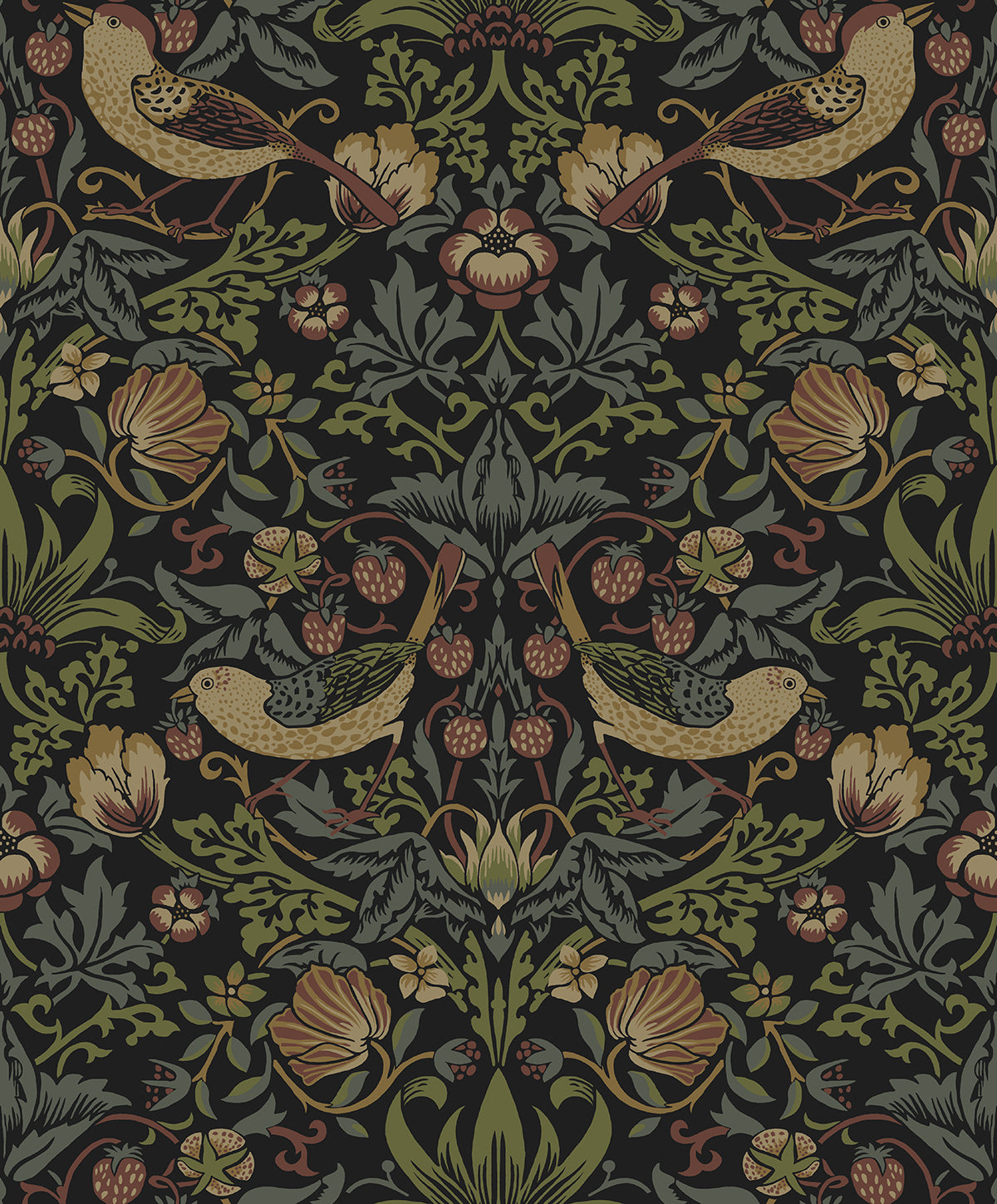 Strawberry Meadow wallpaper in black featuring a vintage botanical pattern with birds, strawberries, and foliage.