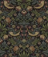 Strawberry Meadow wallpaper in black featuring a vintage botanical pattern with birds, strawberries, and foliage.