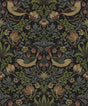 Strawberry Meadow wallpaper in black featuring a vintage botanical pattern with birds, strawberries, and foliage.