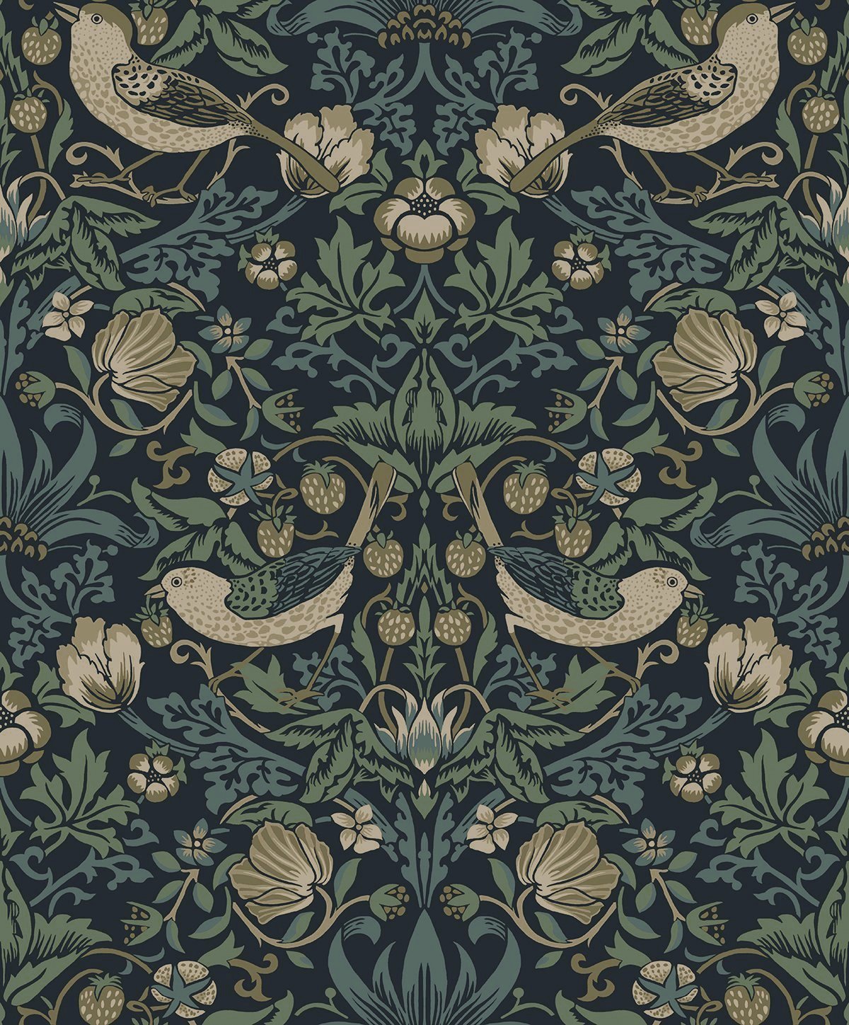 Strawberry Meadow wallpaper in blue with vintage botanical birds, flowers, and strawberries