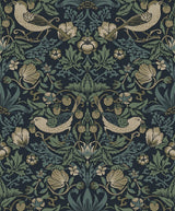 Strawberry Meadow wallpaper in blue with vintage botanical birds, flowers, and strawberries