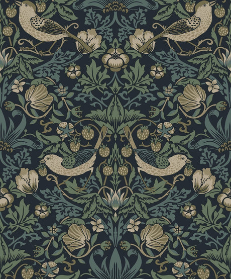 Strawberry Meadow wallpaper in blue with vintage botanical birds, flowers, and strawberries