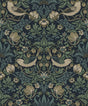 Strawberry Meadow wallpaper in blue with vintage botanical birds, flowers, and strawberries