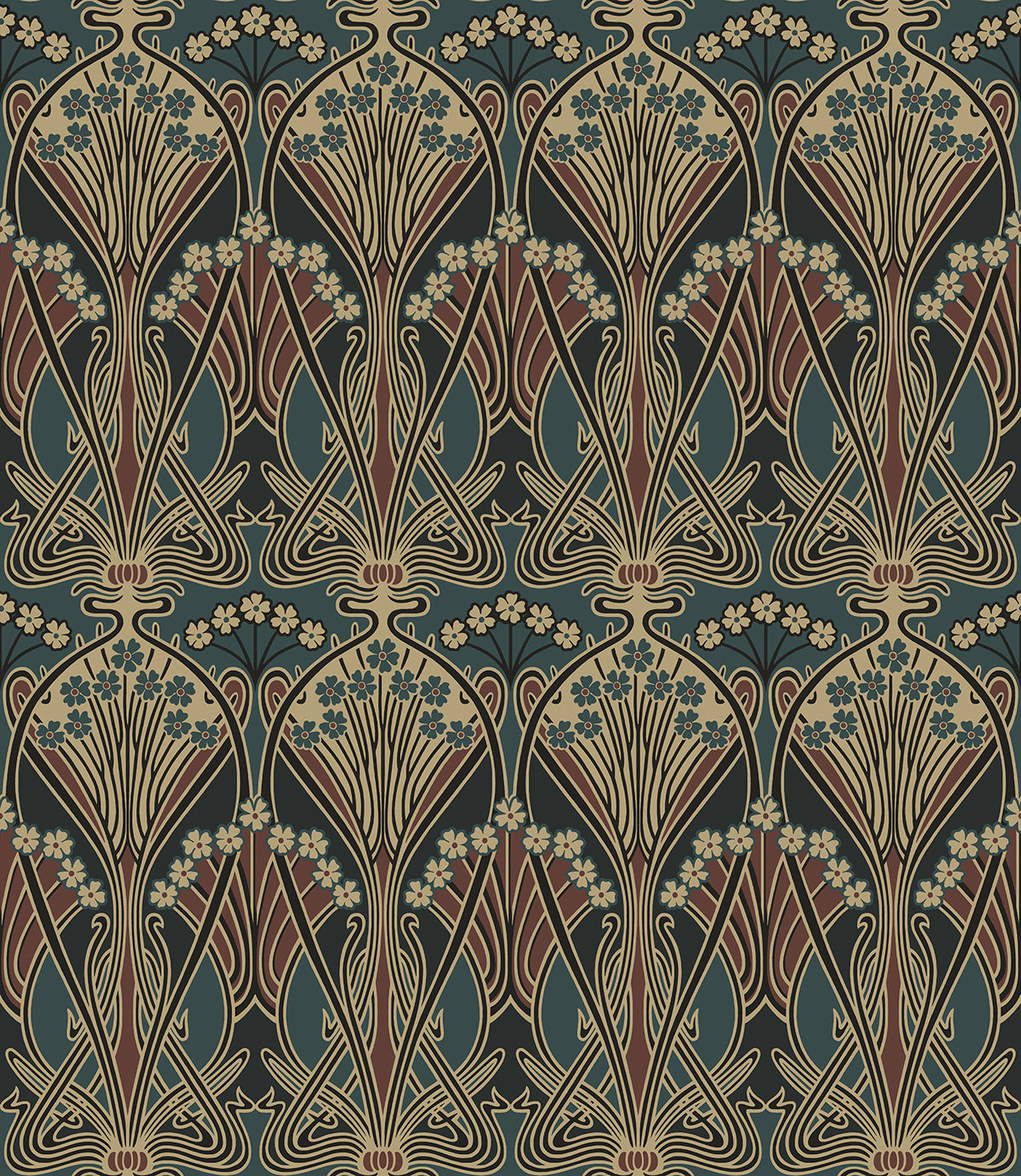 Deco Dragonflies wallpaper in Aegean Blue and Clay with vintage botanical motif