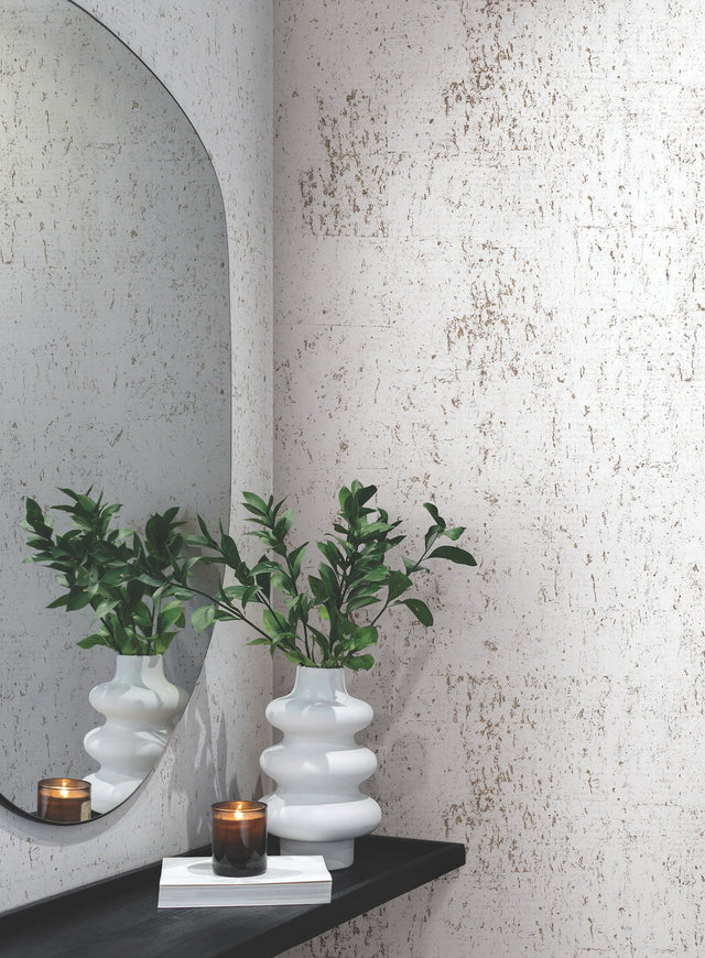 Cork Bright White & Gold Wallpaper with Metallic Cork Texture - York EV3902