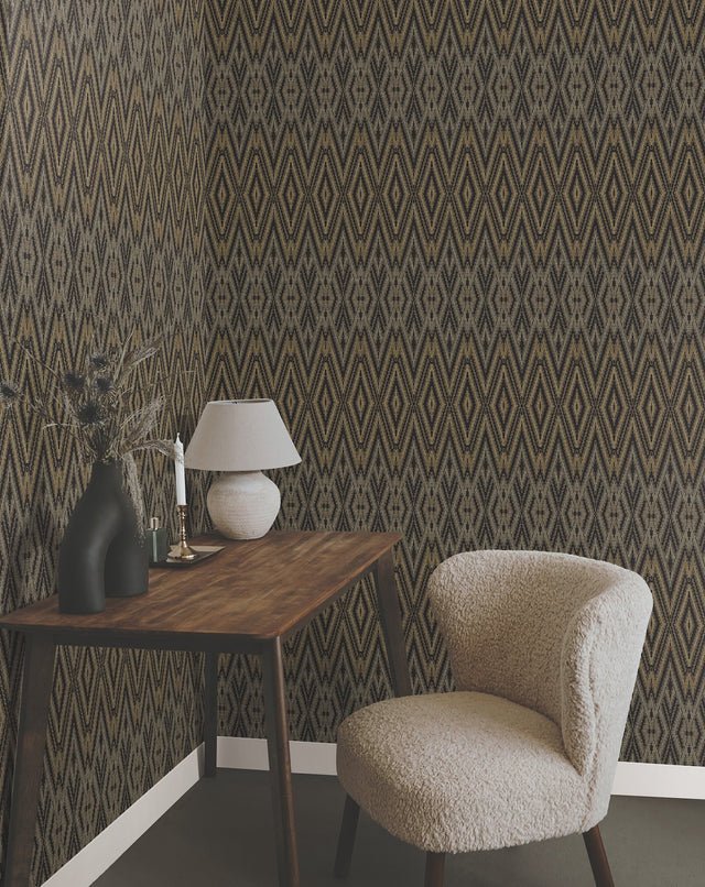 Diamond Marquise Black Wallpaper with Ikat Geometric Diamond Pattern - York EV3912