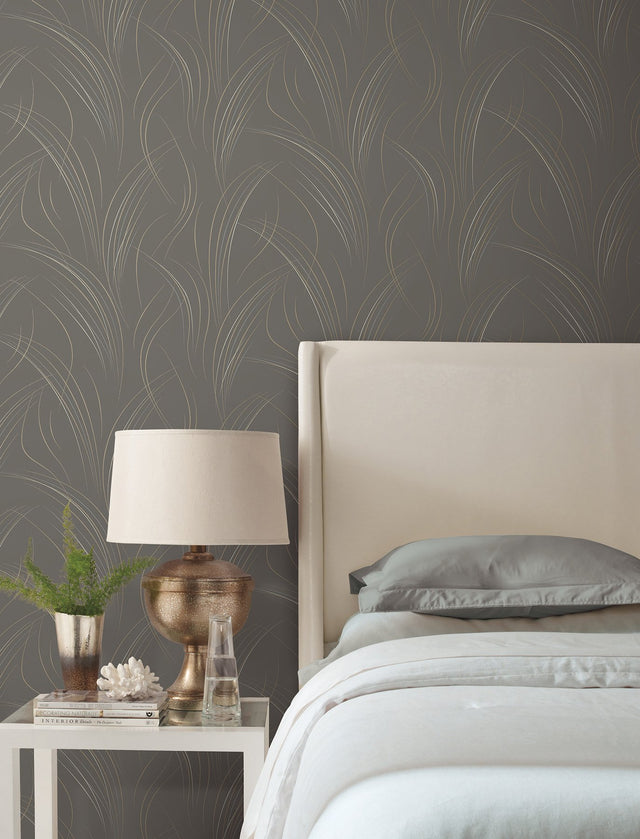 Graceful Wisp Charcoal Wallpaper with Geometric Grass Motif - York EV3936