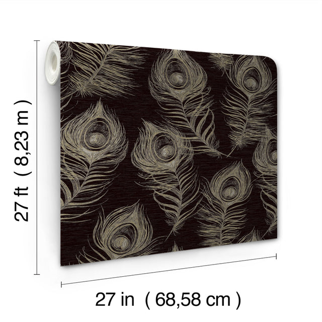 Regal Peacock Black Wallpaper with Iridescent Peacock Feather Pattern - York EV3942