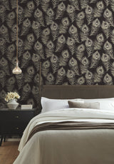 Regal Peacock Black Wallpaper with Iridescent Peacock Feather Pattern - York EV3942