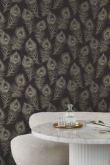 Regal Peacock Black Wallpaper with Iridescent Peacock Feather Pattern - York EV3942