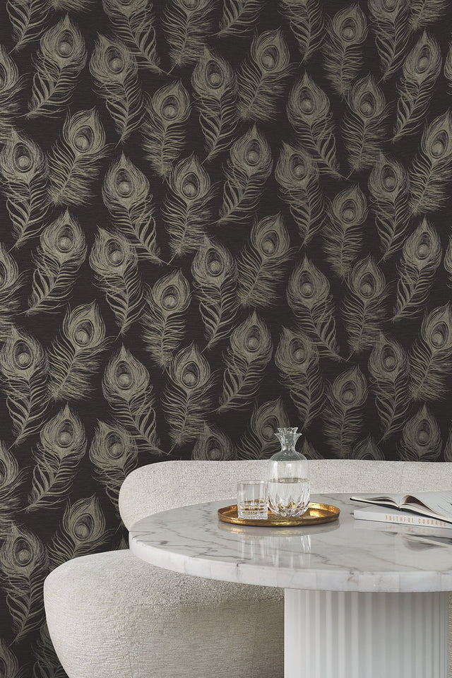 Regal Peacock Black Wallpaper with Iridescent Peacock Feather Pattern - York EV3942