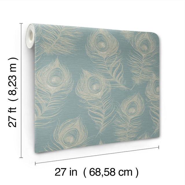Regal Peacock Dark Teal Wallpaper with Iridescent Peacock Feather Motif - York EV3943