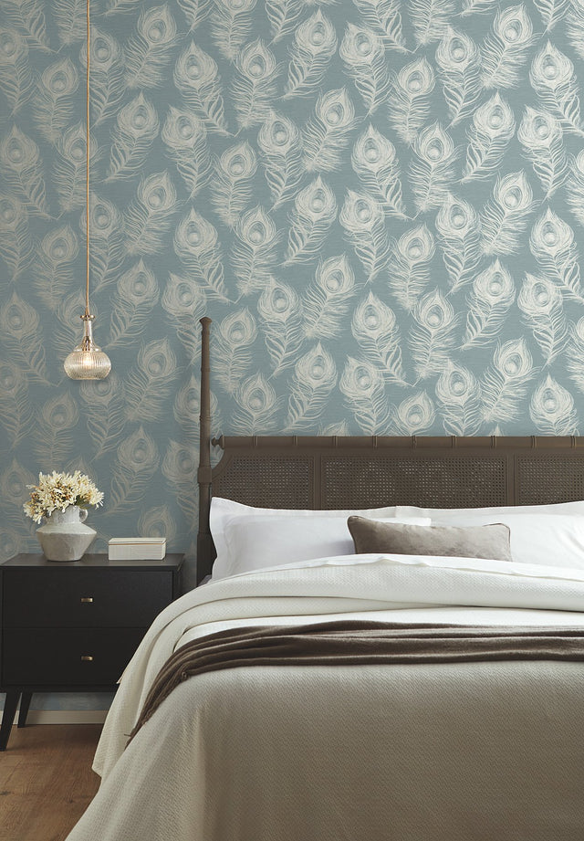 Regal Peacock Dark Teal Wallpaper with Iridescent Peacock Feather Motif - York EV3943