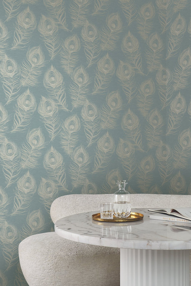 Regal Peacock Dark Teal Wallpaper with Iridescent Peacock Feather Motif - York EV3943